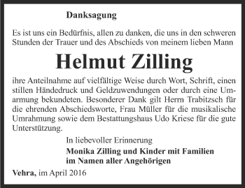 Traueranzeige von Helmut Zilling von Thüringer Allgemeine