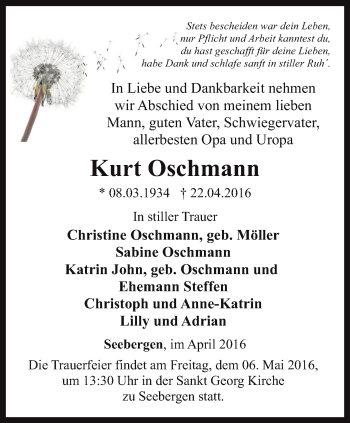 Traueranzeige von Kurt Oschmann von Ostthüringer Zeitung, Thüringische Landeszeitung