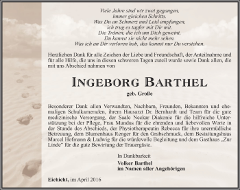 Traueranzeige von Ingeborg Barthel von Ostthüringer Zeitung