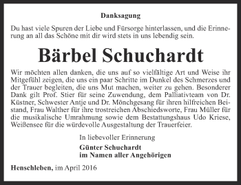 Traueranzeige von Bärbel Schuchardt von Thüringer Allgemeine, Thüringische Landeszeitung