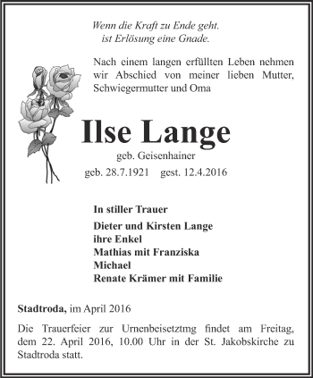 Traueranzeige von Ilse Lange von Ostthüringer Zeitung