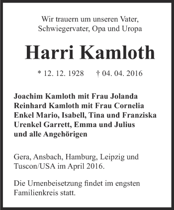Traueranzeige von Harri Kamloth von Ostthüringer Zeitung