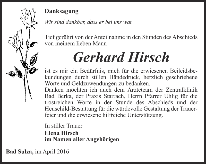  Traueranzeige für Gerhard Hirsch vom 14.04.2016 aus Thüringer Allgemeine, Thüringische Landeszeitung