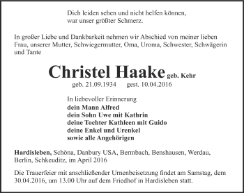 Traueranzeige von Christel Haake von Thüringer Allgemeine