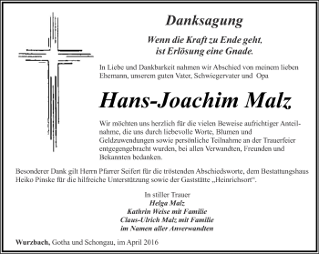 Traueranzeige von Hans-Joachim Malz von Ostthüringer Zeitung
