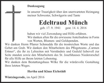 Traueranzeige von Edeltraud Münch von Thüringer Allgemeine