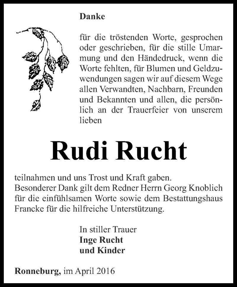  Traueranzeige für Rudi Rucht vom 28.04.2016 aus Ostthüringer Zeitung