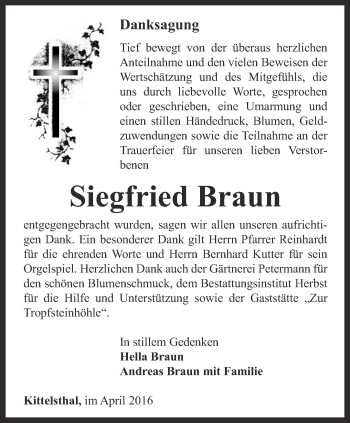 Traueranzeige von Siegfried Braun von Thüringer Allgemeine, Thüringische Landeszeitung