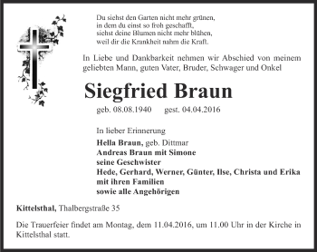 Traueranzeige von Siegfried Braun von Thüringer Allgemeine, Thüringische Landeszeitung