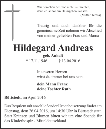 Traueranzeige von Hildegard Andreas von Thüringer Allgemeine