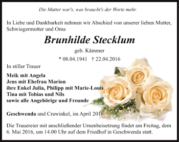 Traueranzeige von Brunhilde Stecklum von Thüringer Allgemeine