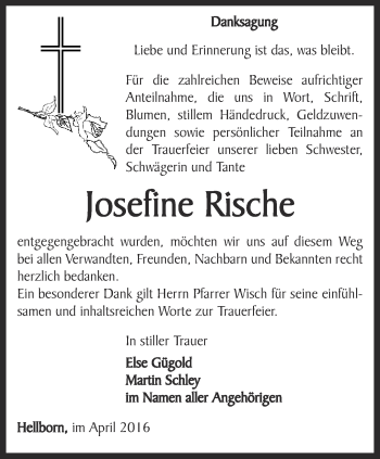 Traueranzeige von Josefine Rische von Ostthüringer Zeitung