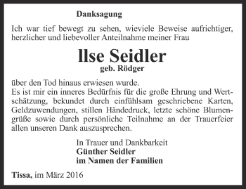 Traueranzeige von llse Seidler von Ostthüringer Zeitung