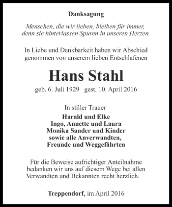 Traueranzeige von Hans Stahl von Ostthüringer Zeitung