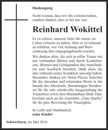 Traueranzeige von Reinhard Wokittel von Thüringer Allgemeine, Thüringische Landeszeitung