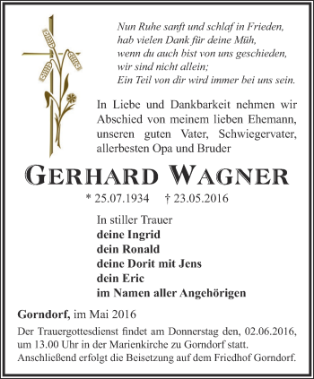 Traueranzeige von Gerhard Wagner von Ostthüringer Zeitung