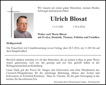 Traueranzeige von Ulrich Blosat von Thüringer Allgemeine