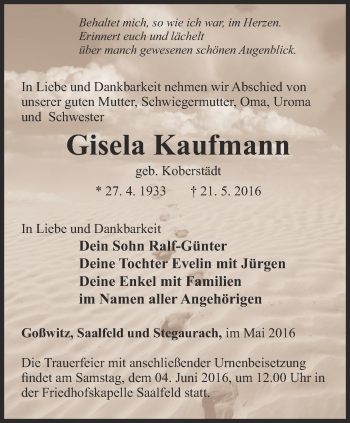 Traueranzeige von Gisela Kaufmann von Ostthüringer Zeitung