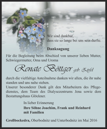 Traueranzeige von Renate Böttger von Ostthüringer Zeitung