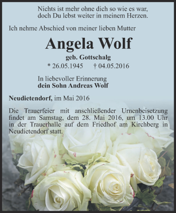 Traueranzeige von Angela Wolf von Thüringer Allgemeine, Thüringische Landeszeitung