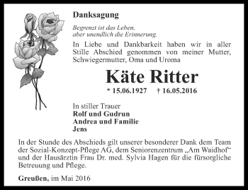 Traueranzeige von Käte Ritter von Thüringer Allgemeine