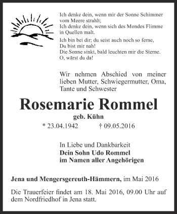 Traueranzeige von Rosemarie Rommel von Ostthüringer Zeitung, Thüringische Landeszeitung