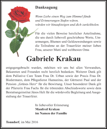 Traueranzeige von Gabriele Krakau von Thüringer Allgemeine, Thüringische Landeszeitung