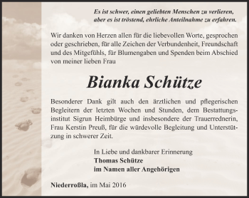 Traueranzeige von Bianka Schütze von Thüringer Allgemeine, Thüringische Landeszeitung