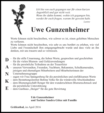 Traueranzeige von Uwe Gunzenheimer von Ostthüringer Zeitung