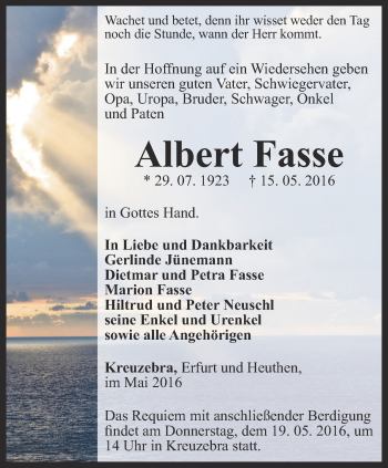 Traueranzeige von Albert Fasse von Thüringer Allgemeine