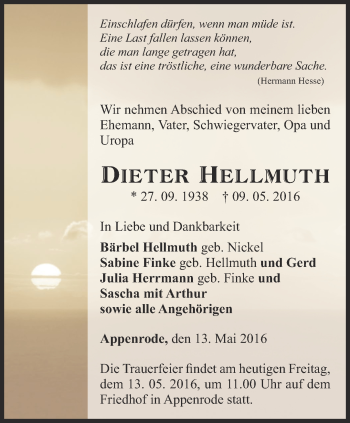 Traueranzeige von Dieter Hellmuth von Thüringer Allgemeine