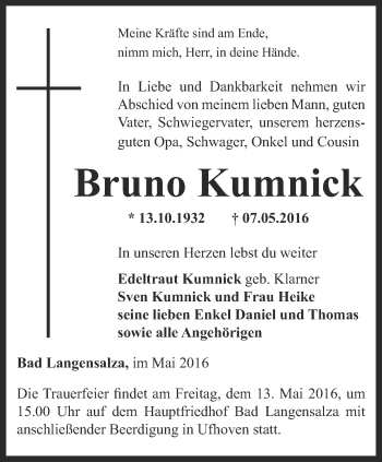 Traueranzeige von Bruno Kumnick von Thüringer Allgemeine, Thüringische Landeszeitung