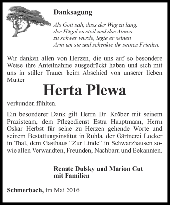 Traueranzeige von Herta Plewa von Ostthüringer Zeitung, Thüringische Landeszeitung