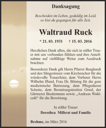 Traueranzeige von Waltraud Ruck von Thüringer Allgemeine