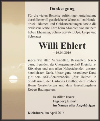 Traueranzeige von Willi Ehlert von Thüringer Allgemeine