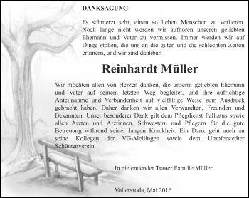 Traueranzeige von Reinhardt Müller von Thüringer Allgemeine, Thüringische Landeszeitung