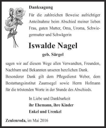 Traueranzeige von Iswalde Nagel von Ostthüringer Zeitung