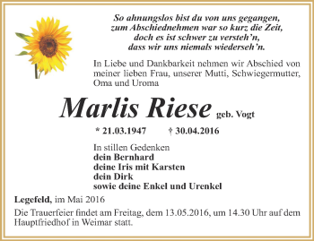 Traueranzeige von Marlis Riese von Thüringer Allgemeine, Thüringische Landeszeitung