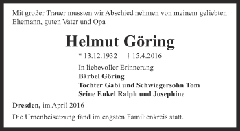 Traueranzeige von Helmut Göring von Ostthüringer Zeitung, Thüringische Landeszeitung