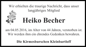 Traueranzeige von Heiko Becher von Thüringer Allgemeine