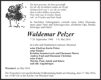 Traueranzeige von Waldemar Pelzer von Ostthüringer Zeitung