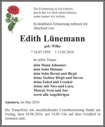 Traueranzeige von Edith Lünemann von Thüringer Allgemeine, Thüringische Landeszeitung