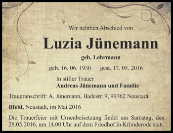 Traueranzeige von Luzia Jünemann von Thüringer Allgemeine