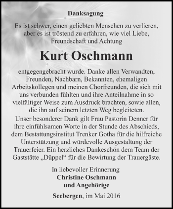 Traueranzeige von Kurt Oschmann von Ostthüringer Zeitung, Thüringische Landeszeitung