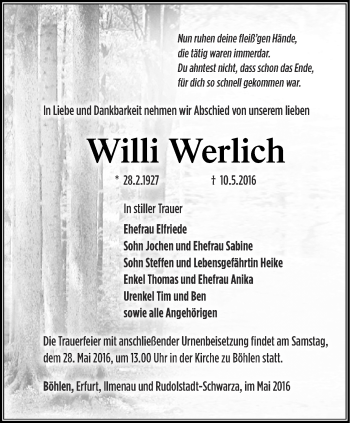 Traueranzeige von Willi Werlich von Thüringer Allgemeine