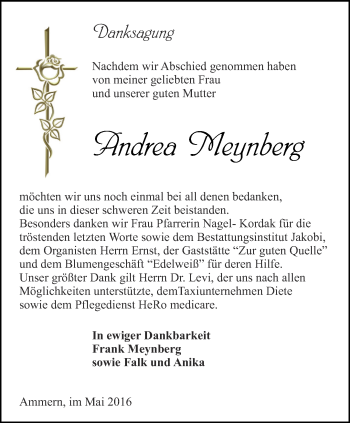 Traueranzeige von Andrea Meynberg von Thüringer Allgemeine, Thüringische Landeszeitung