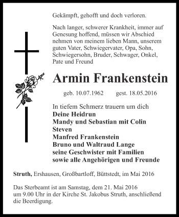 Traueranzeige von Armin Frankenstein von Thüringer Allgemeine, Thüringische Landeszeitung