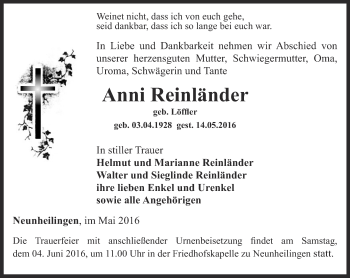 Traueranzeige von Anni Reinländer von Thüringer Allgemeine, Thüringische Landeszeitung