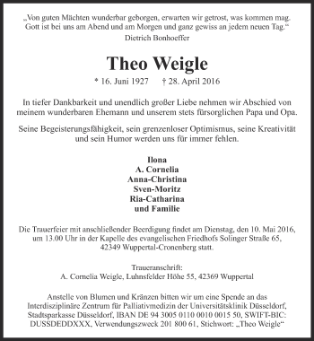 Traueranzeige von Theo Weigle von Ostthüringer Zeitung