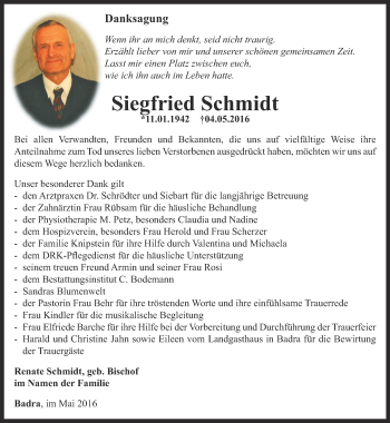 Traueranzeige von Siegfried Schmidt von Thüringer Allgemeine